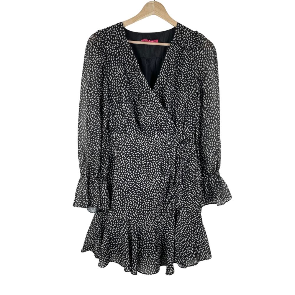 Betsey Johnson Heart Print Mini Dress Faux Wrap Ruffle Chiffon Whimsigoth Glam